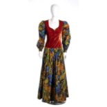 MUSCHIO & MIELE BOUTIQUE ROMA LONG DRESS 70s Rust orange velvet and multicolored polyester maxi