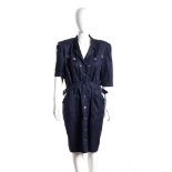 THIERRY MUGLER COTTON DRESS 80s Dark blue cotton dress, studs embellishments, belt,Bust 95 cm