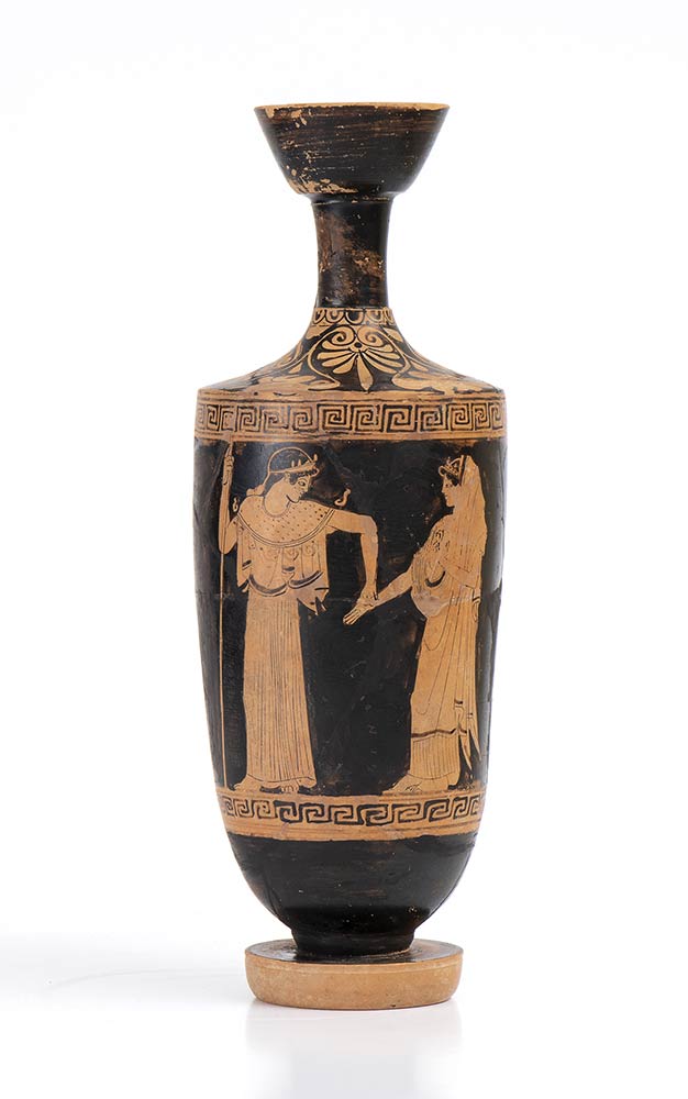 ATTIC RED-FIGURE LEKYTHOS WITH ATHENA AND ATHANASIA Attribuited to the Nikon Painter, 470 - 450 BC