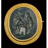 A rare green jasper renaissance intaglio mounted on a gold brooch. Scene of initiation for Lupercal