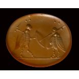 A roman republican carnelian intaglio. Two cicadas fighting as gladiators.