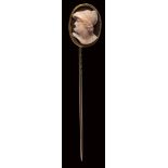 A neoclassical agate cameo set in a gold stick pin. Ajax.