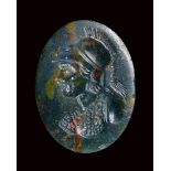 A large roman eliotrope intaglio. Bust of Athena.