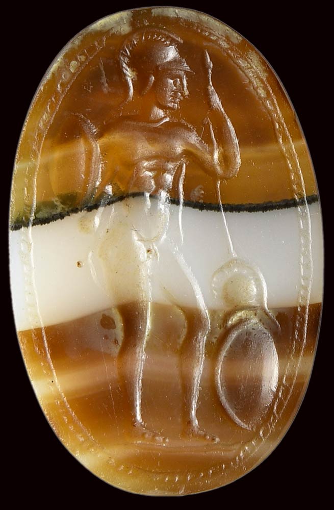 A fine and large banded agate roman italic intaglio. Warrior.