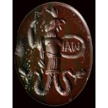 A roman red jasper with dark green inclusions magical intaglio. Anguipes cock.