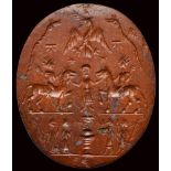 A large roman magical red jasper intaglio. Allegorical scene referring to the Danubian mystery cults