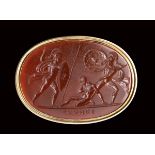 A fine neoclassic Poniatowski carnelian intaglio mounted on a gold ring. Achilles having killed Pili