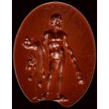 A fine roman red jasper intaglio. Hercules with the apples of Hesperides.