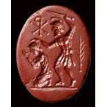 A late roman red jasper intaglio. Martyrum scene with chi-rho.