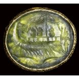 Gold cufflinks with silver gem-impression. A roman green chalcedony intaglio. Warship with dolphins.