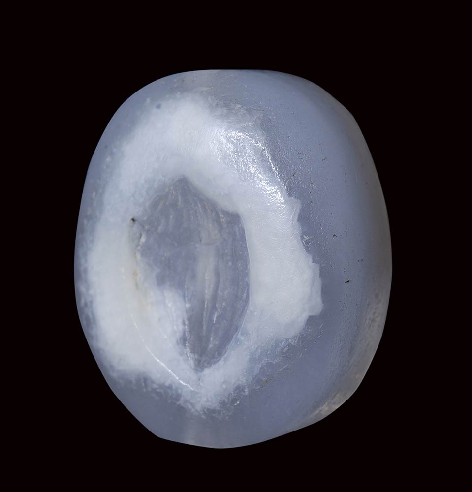A fine greek blue chalcedony double sided seal intaglio. Heron hunting an insect / hazelnut. - Image 6 of 11
