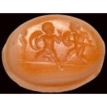 A roman agate intaglio. Two armed pygmies near herm.