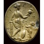 A roman burnt silver impression from an intaglio. Venus victrix with eros.