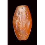 A rare eastern greek carnelian seal intaglio. Emblema with Zeus Labraundos for thr Satrapy of Caria.