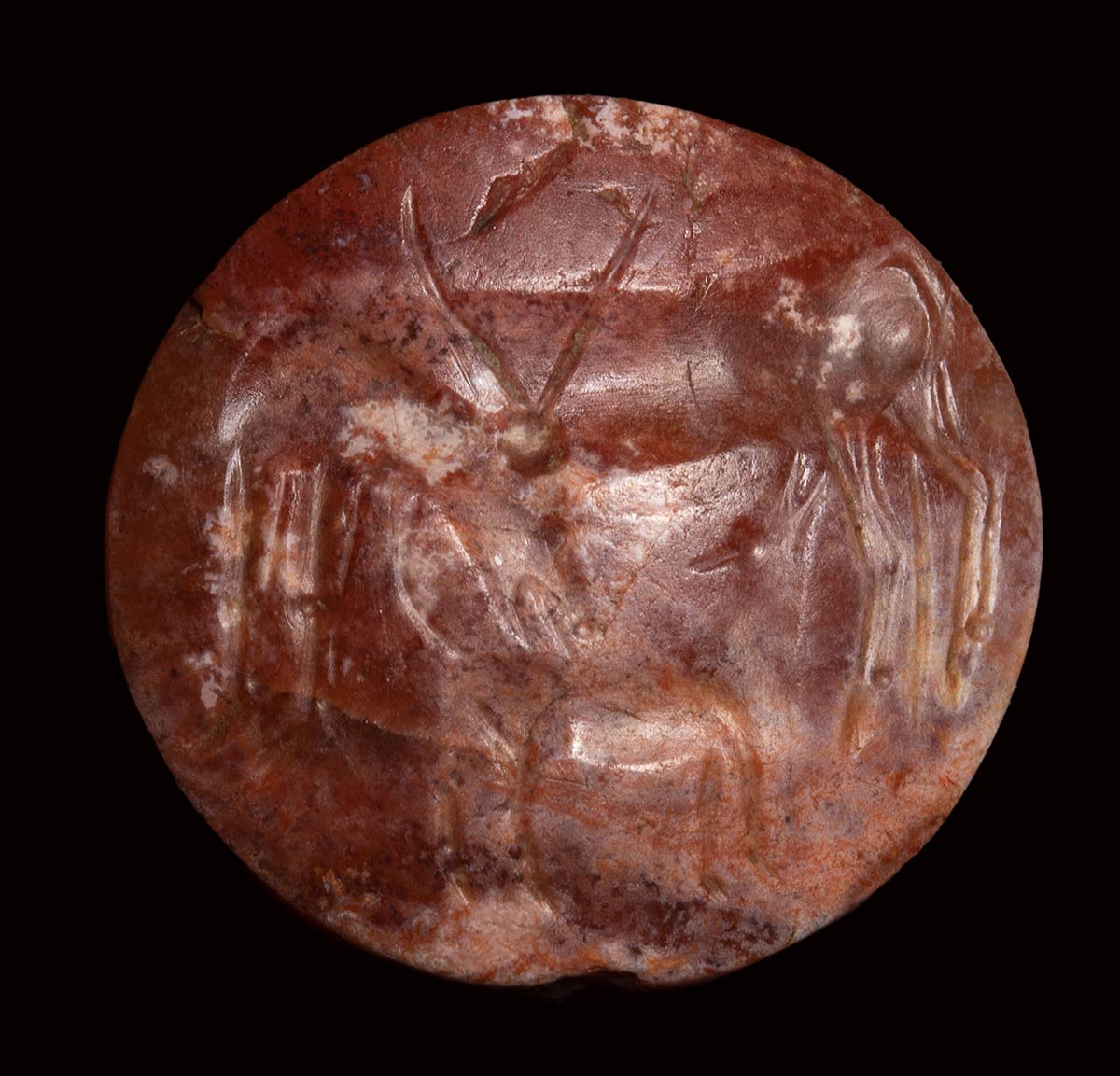 A mycenaean agate engraved seal. Antilope with her cub.