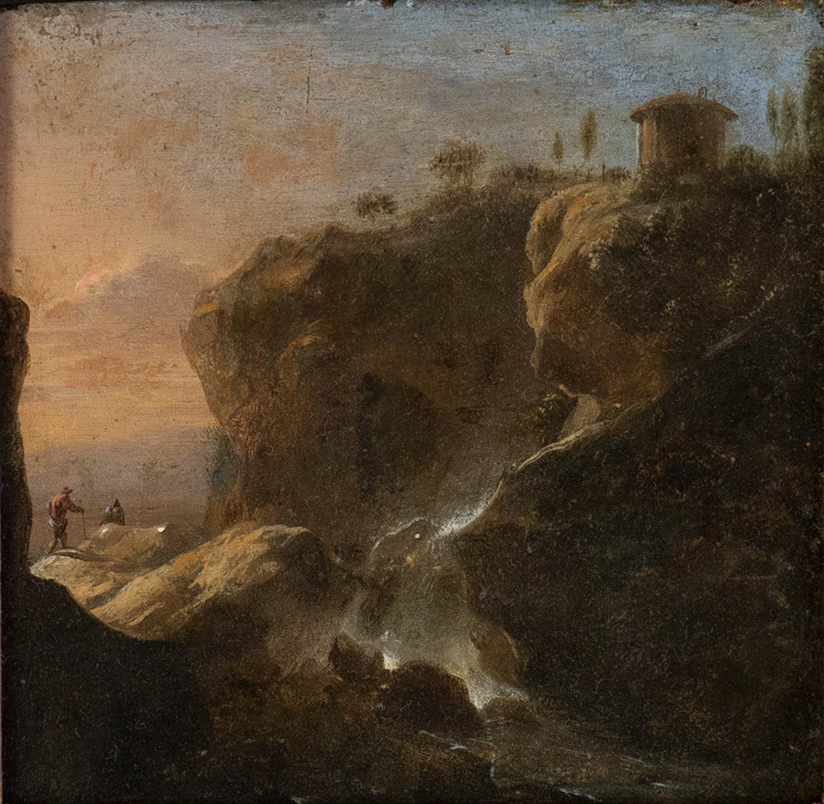 FOLLOWER OF HENDRICK FRANS VAN LINT (Antwerp, 1684 - Rome, 1763) - Landscape with figures, waterfall