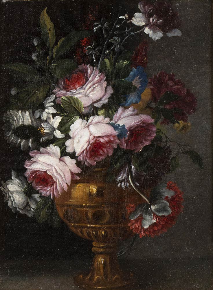 ROMAN SCHOOL, SECOND HALF OF THE 17th CENTURY - Bouquet of roses in a golden metal vase - Image 2 of 3