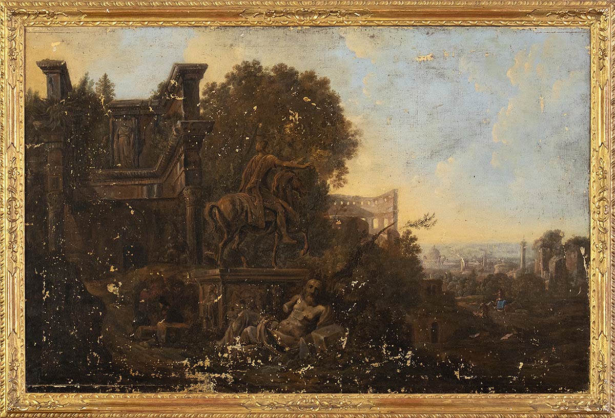 FLEMISH ARTIST ACTIVE IN ROME, 17th CENTURY - Capriccio with roman classical monuments and view of