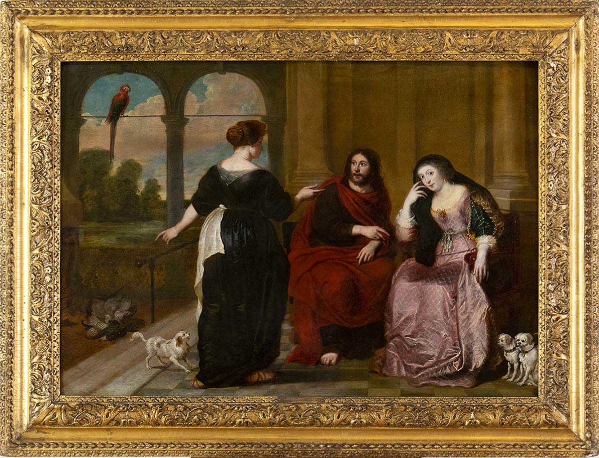 FLEMISH SCHOOL, LATE 16th / EARLY 17th CENTURY - Christ in the house of Martha and Mary - Image 2 of 3