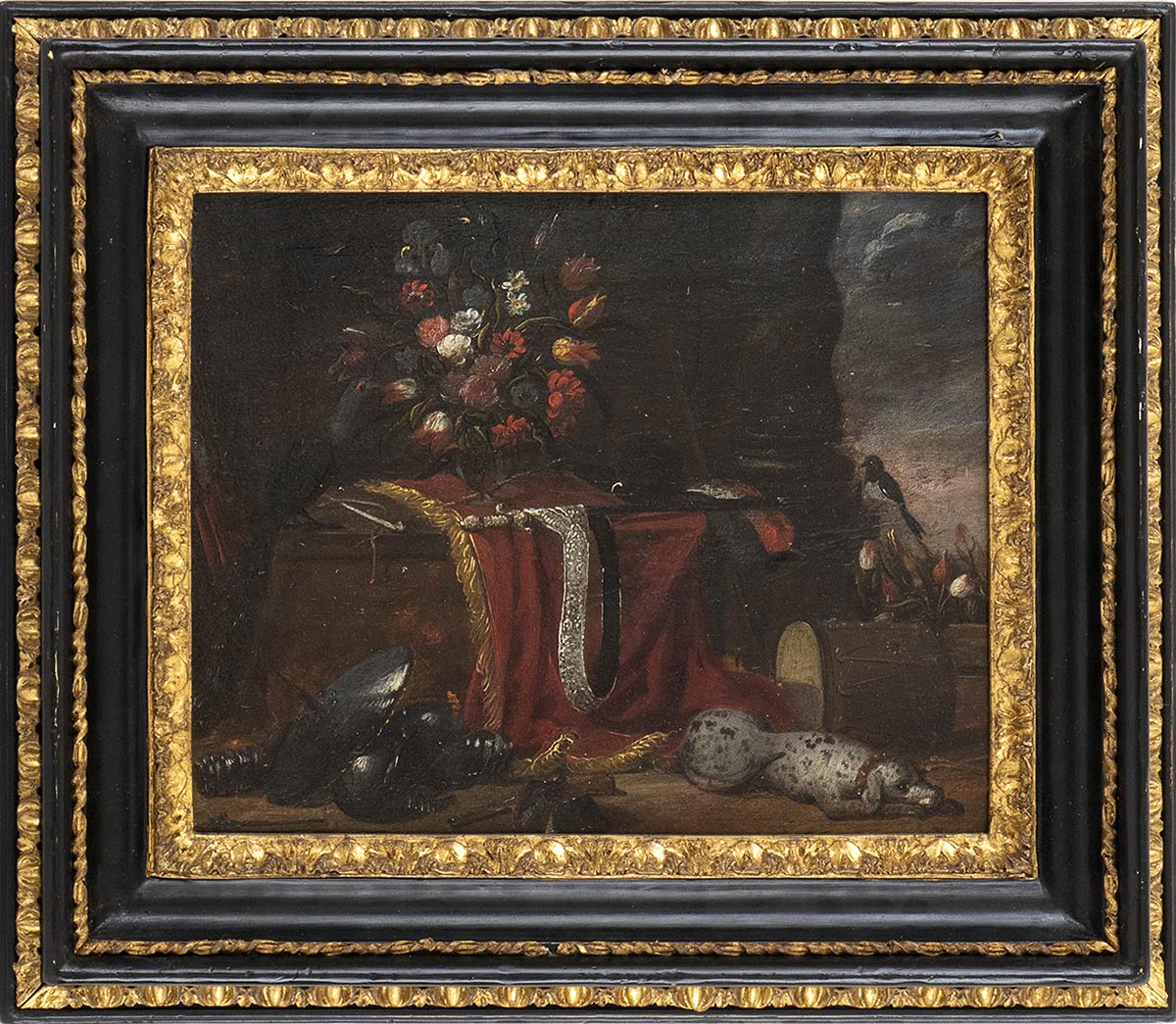 FLEMISH SCHOOL, 17th CENTURY - Still life with vase of flowers, military tools and a dog