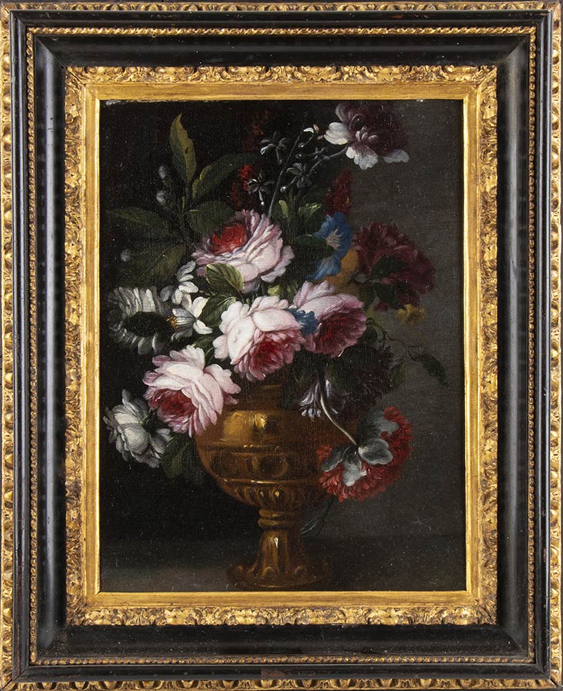 ROMAN SCHOOL, SECOND HALF OF THE 17th CENTURY - Bouquet of roses in a golden metal vase