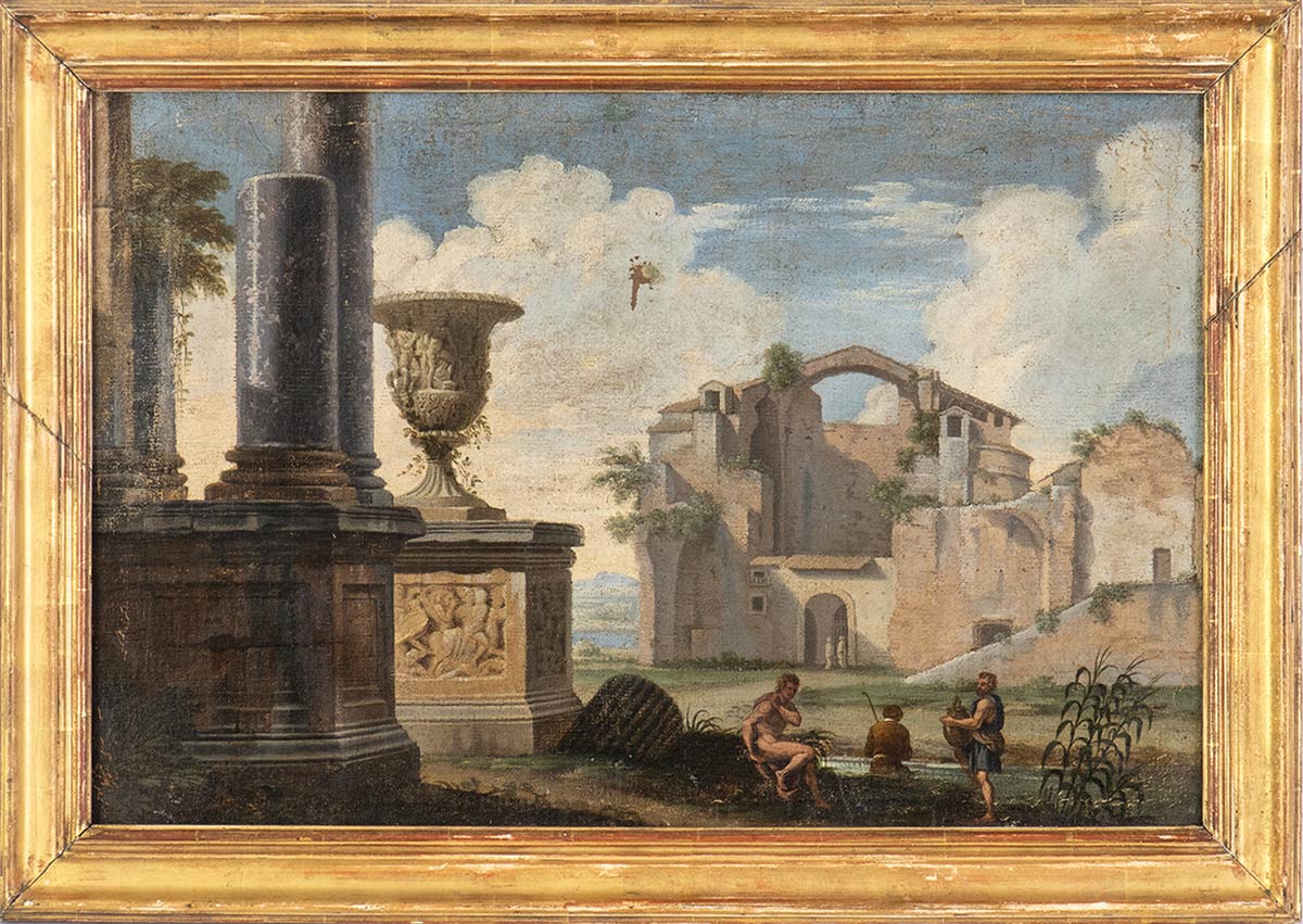 ROMAN SCHOOL, SECOND HALF OF THE 17th CENTURY - Capriccio with figures, Massenzio basilica, Vaso Med