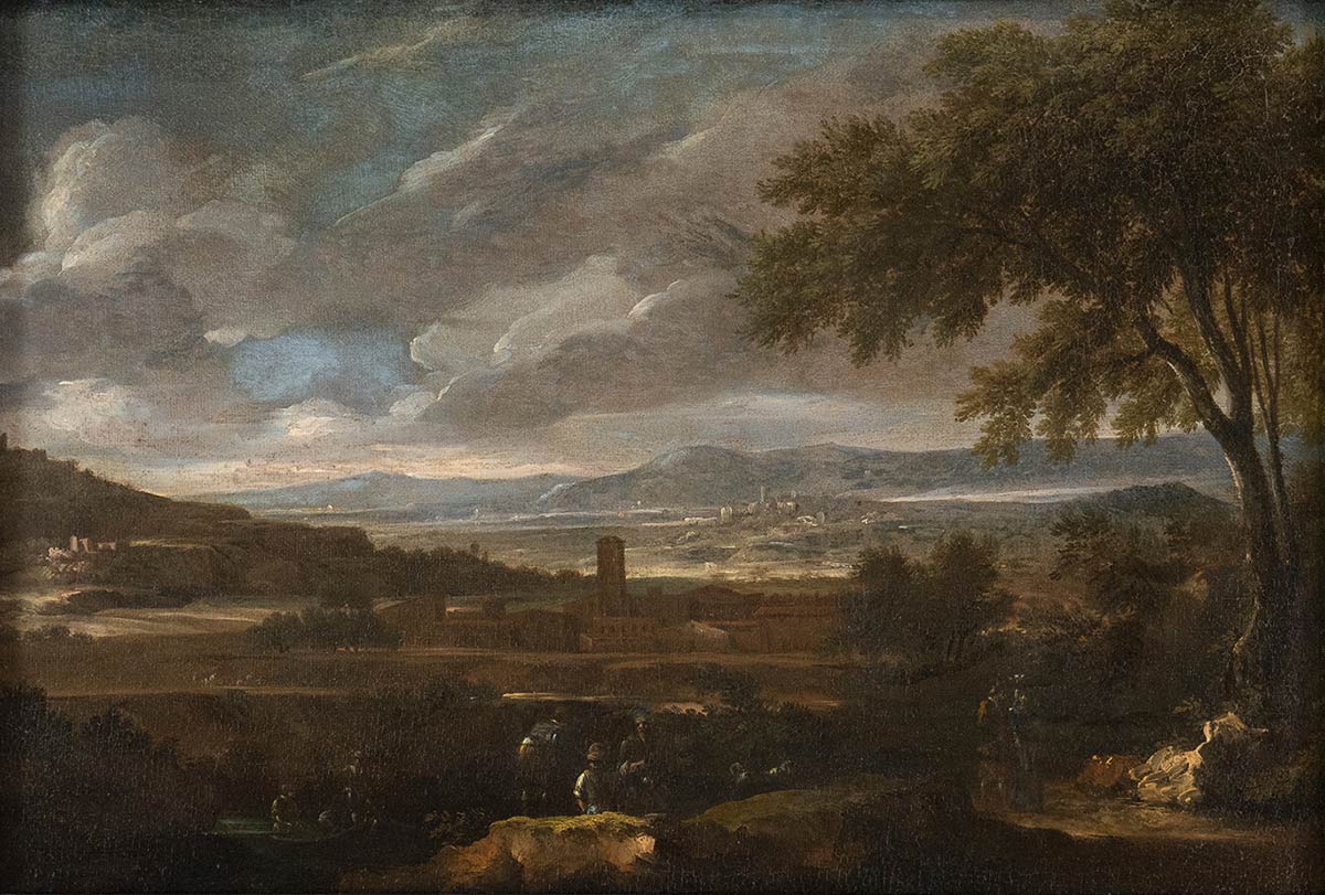 AMBIT OF GASPARD DUGHET (Rome, 1615 - 1675) - Landscape with wayfarers in foreground and towns in ba