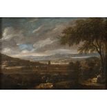 AMBIT OF GASPARD DUGHET (Rome, 1615 - 1675) - Landscape with wayfarers in foreground and towns in ba