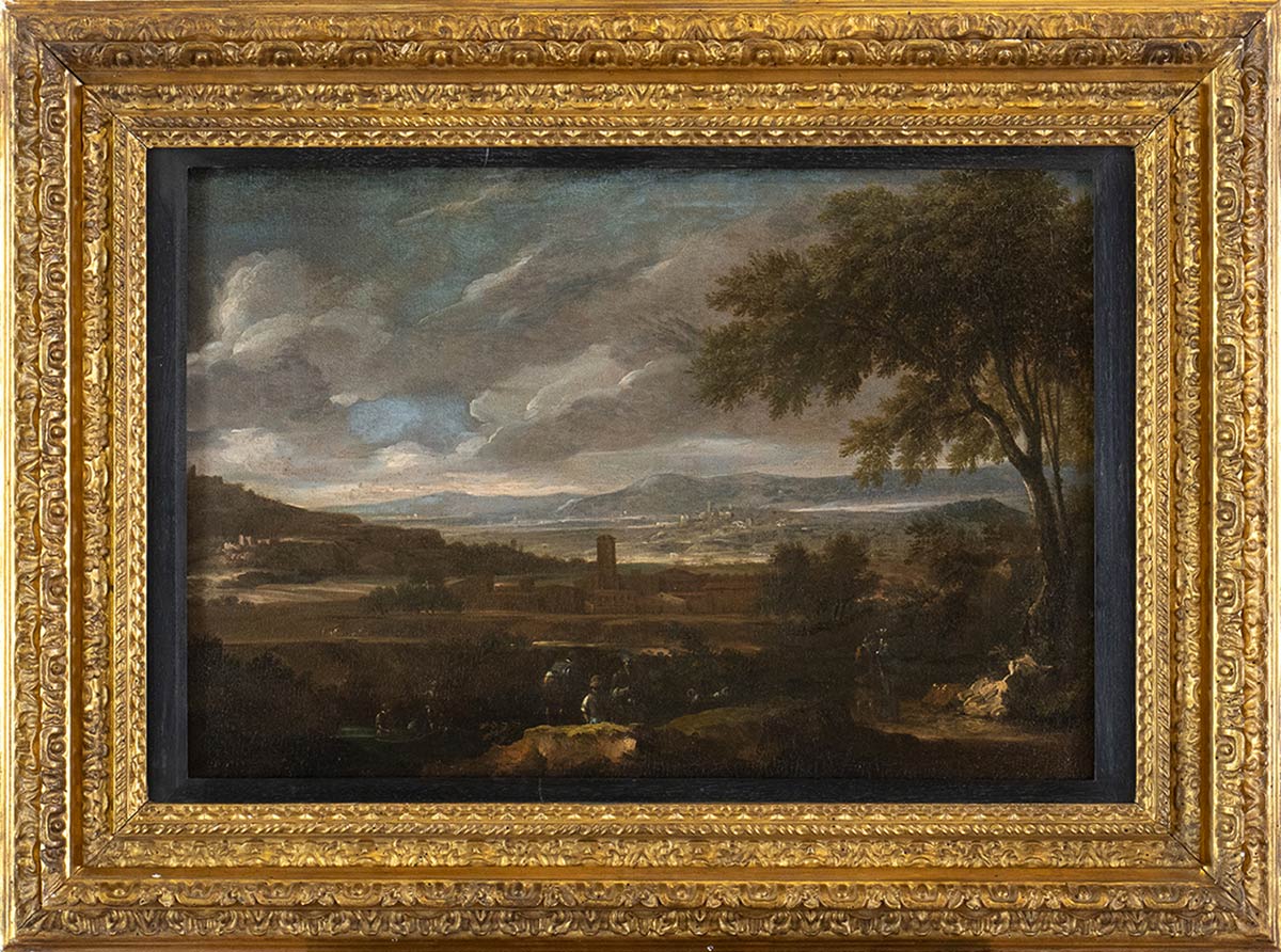 AMBIT OF GASPARD DUGHET (Rome, 1615 - 1675) - Landscape with wayfarers in foreground and towns in ba - Image 2 of 3