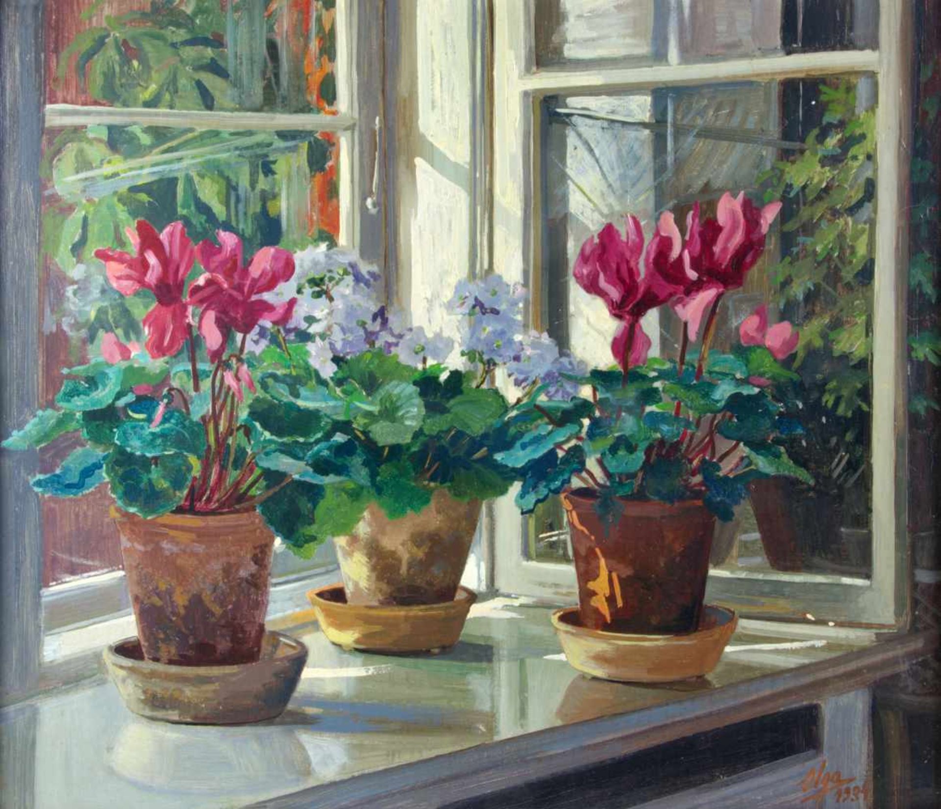 GRANDE DUCHESSE OLGA ALEXANDROVNA ROMANOVA (1882-1960)Pots de fleurs à la fenêtreHuile sur