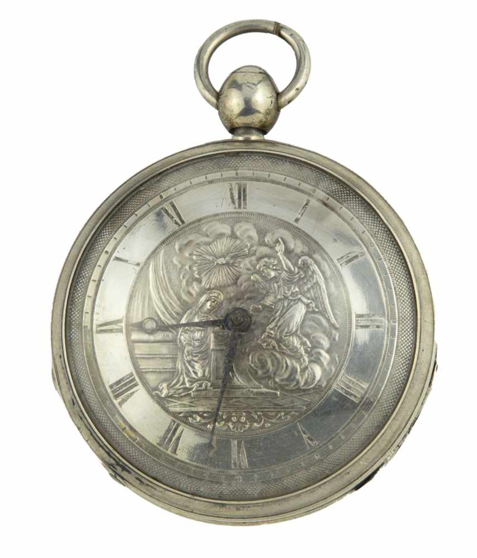 ROMILLYMontre de poche en argent, boîtier rond, cadran argent sculpté, chiffres romains, mo