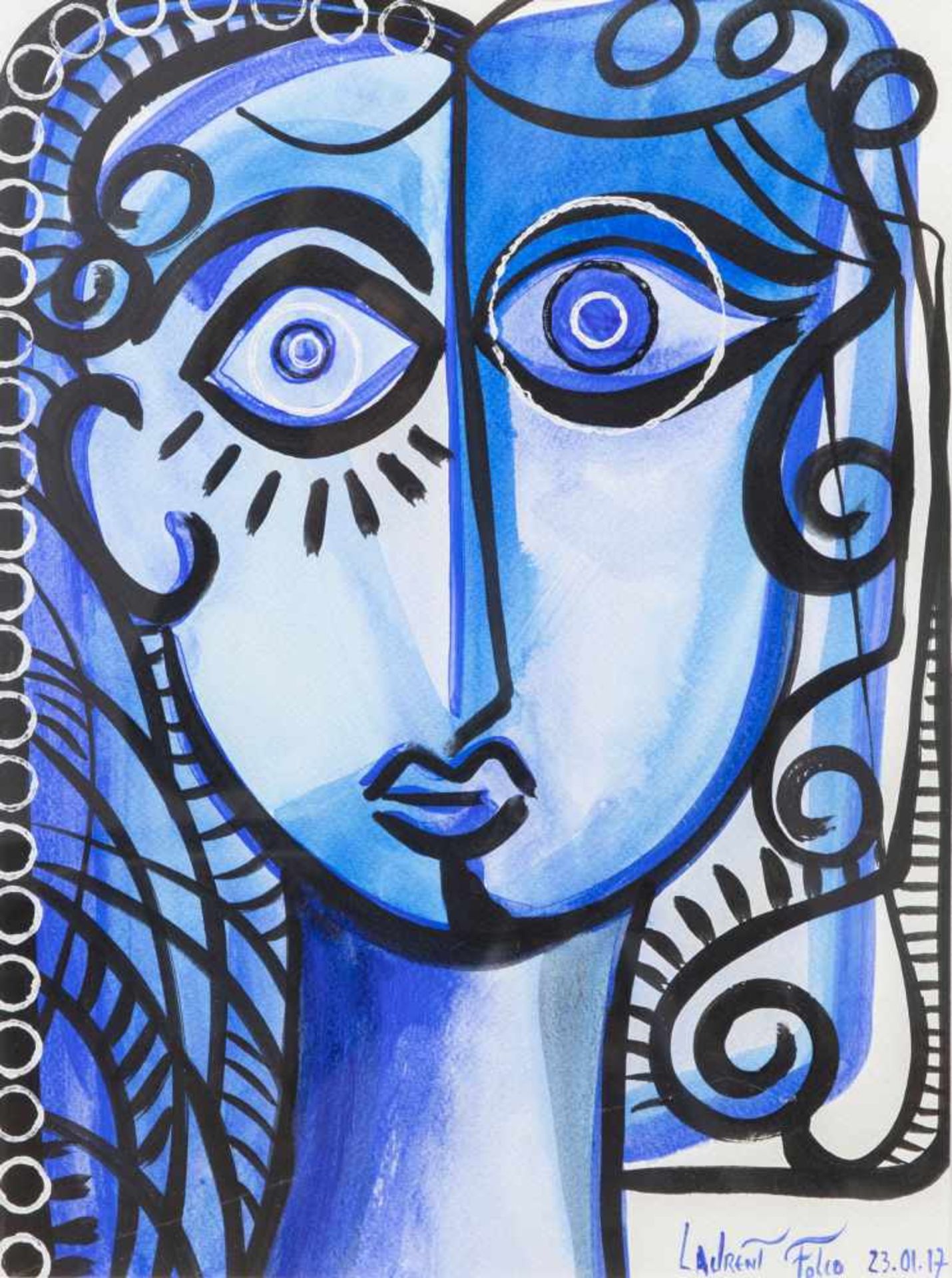 LAURENT FOLCO (Né en 1982)Portrait en bleu, 2017Acrylique et aquarelle sur papier Canson<b