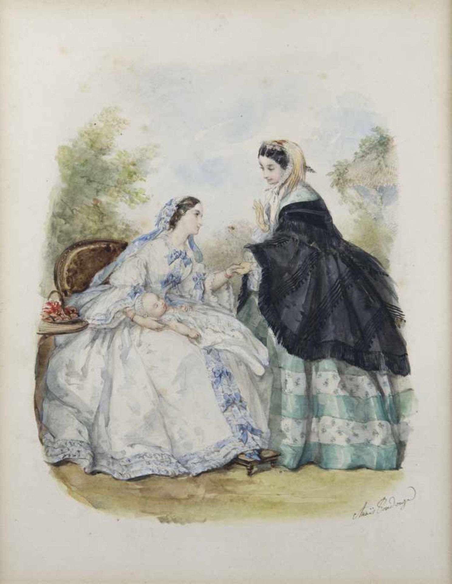 ADELE ANAIS TOUDOUZE (1822-1899)La visite, 1855Paire d'aquarelles sur papier, l'une signée