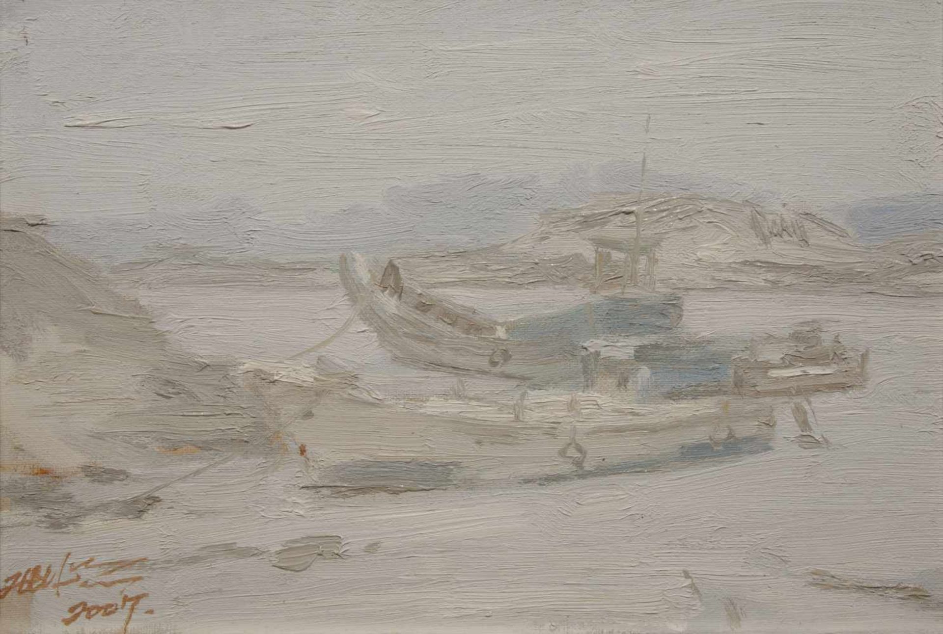 ZHU SHOUXIN (Né en 1959)Barques sur la rivière, 2007Huile sur toile signée et datée en bas