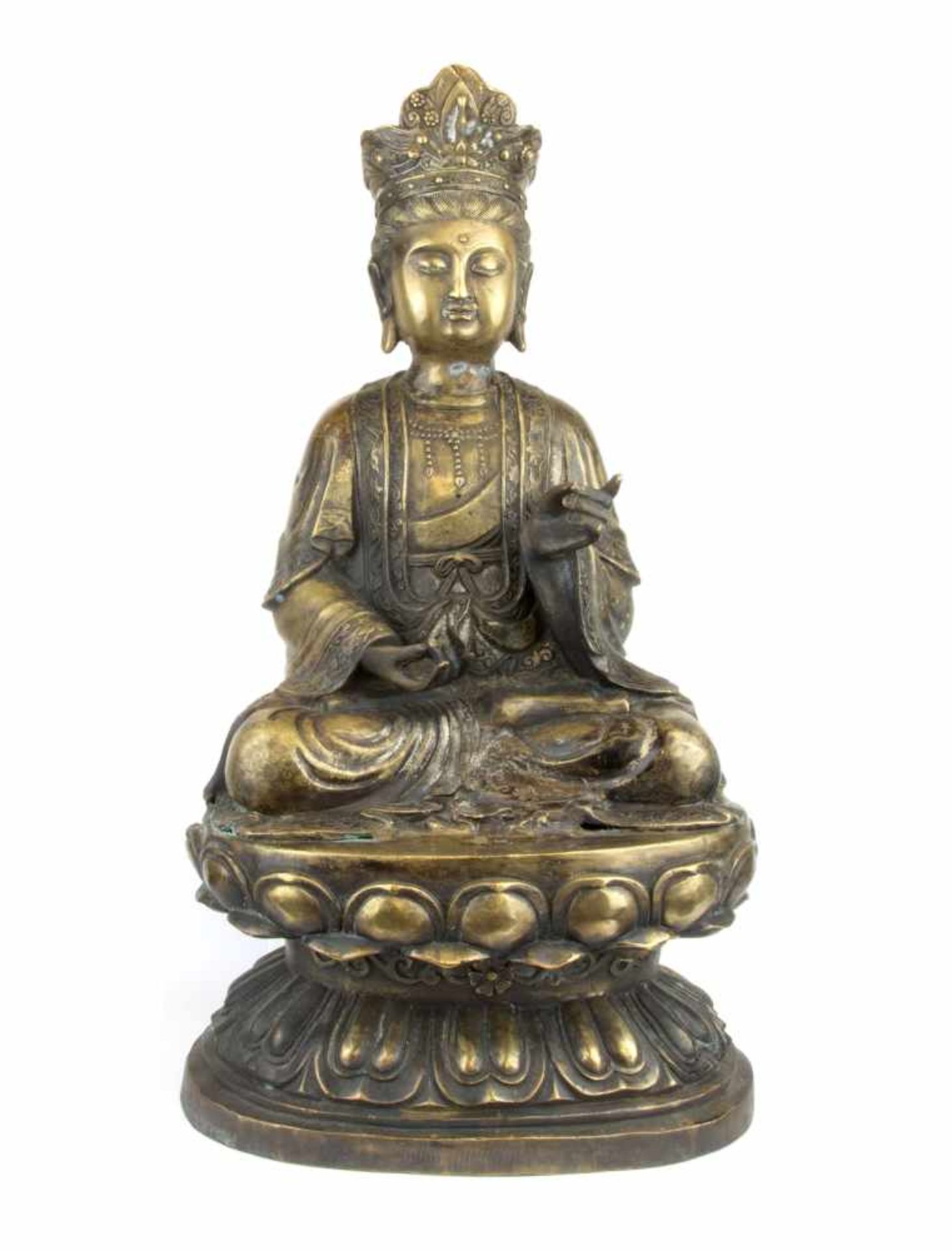 CHINE, 19ème SIECLEBouddhaEn bronze doré, représenté assis sur une base stylisée d'un doubl