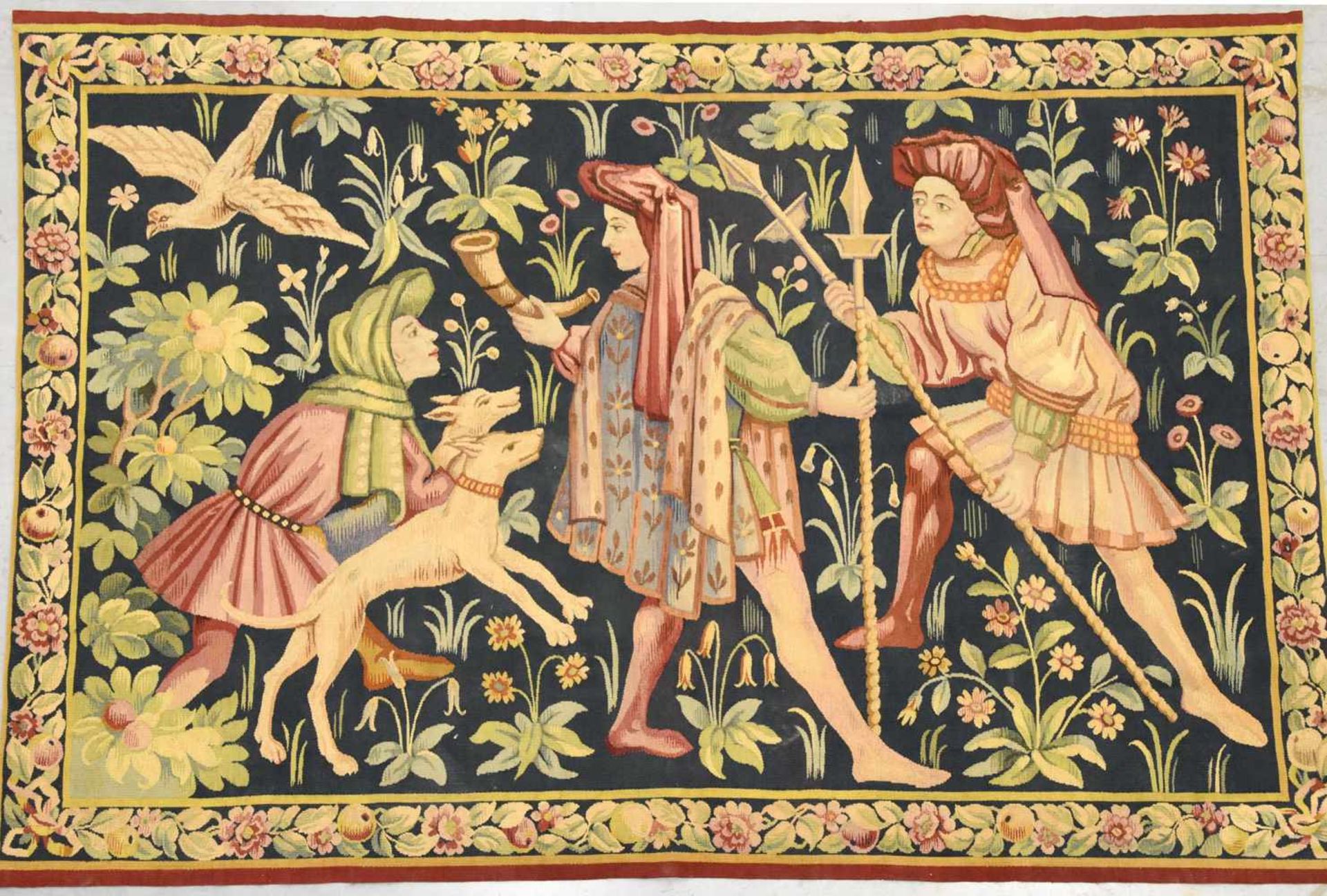 AUBUSSON, FRANCEScène médiévaleTapisserie figurant une scène de chasse avec trois personnag