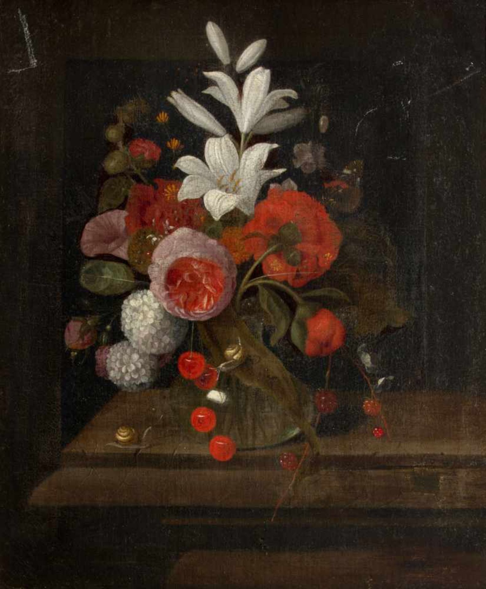 RACHEL RUYSCH (1664-1750), EntourageNature morte de fleurs sur un entablementHuile sur toil