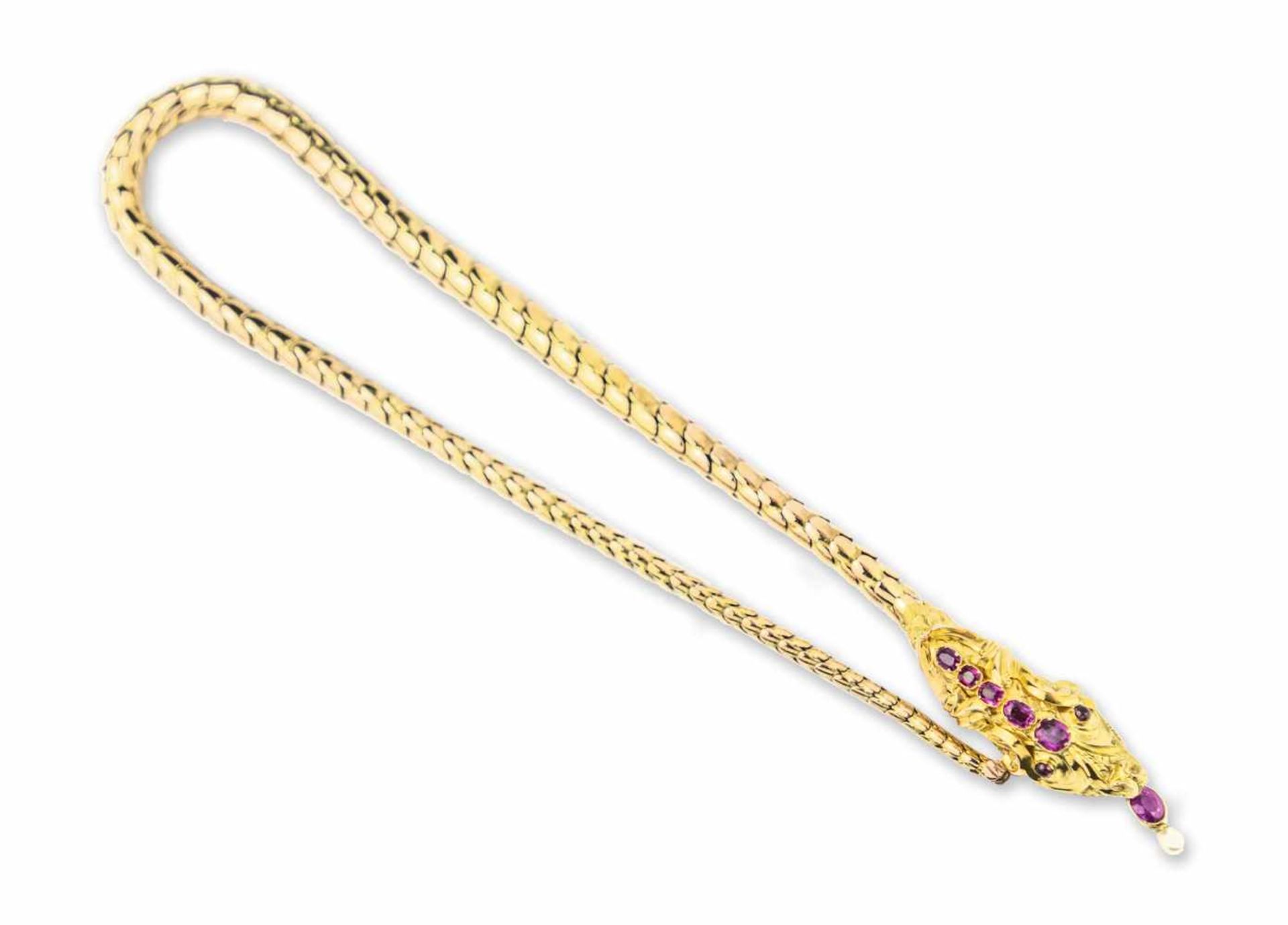 COLLIER SERPENTEn or jaune 18k (750), stylisé d'écailles articulées, la tête ornée de 5 sap