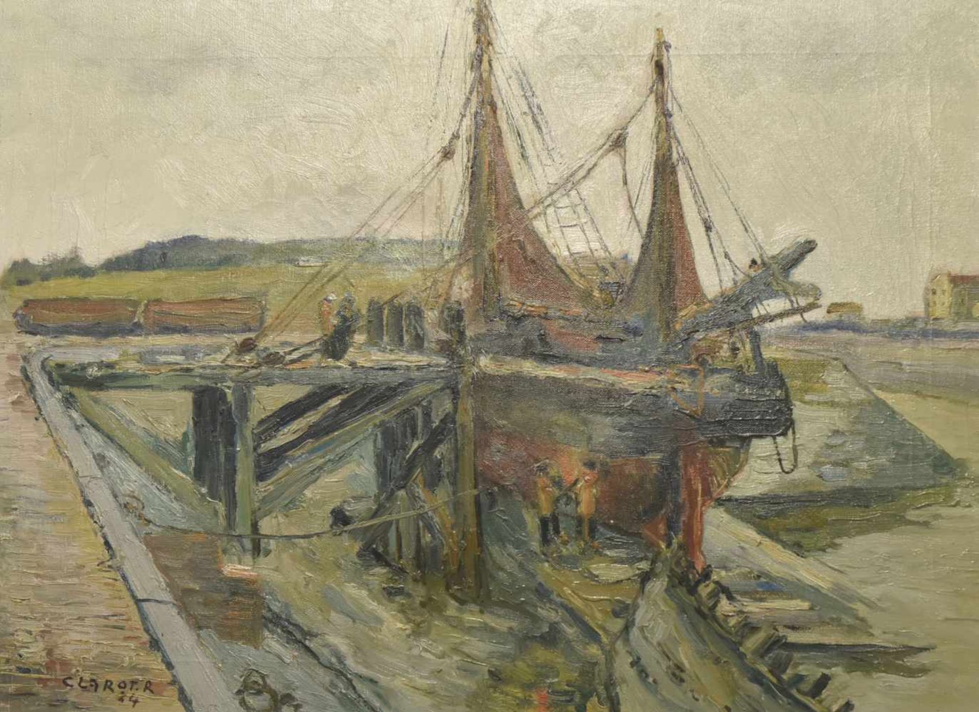 RENE CLAROT (1882-1972)Chalutier en cale sèche, 1924Huile sur toile signée et datée en bas