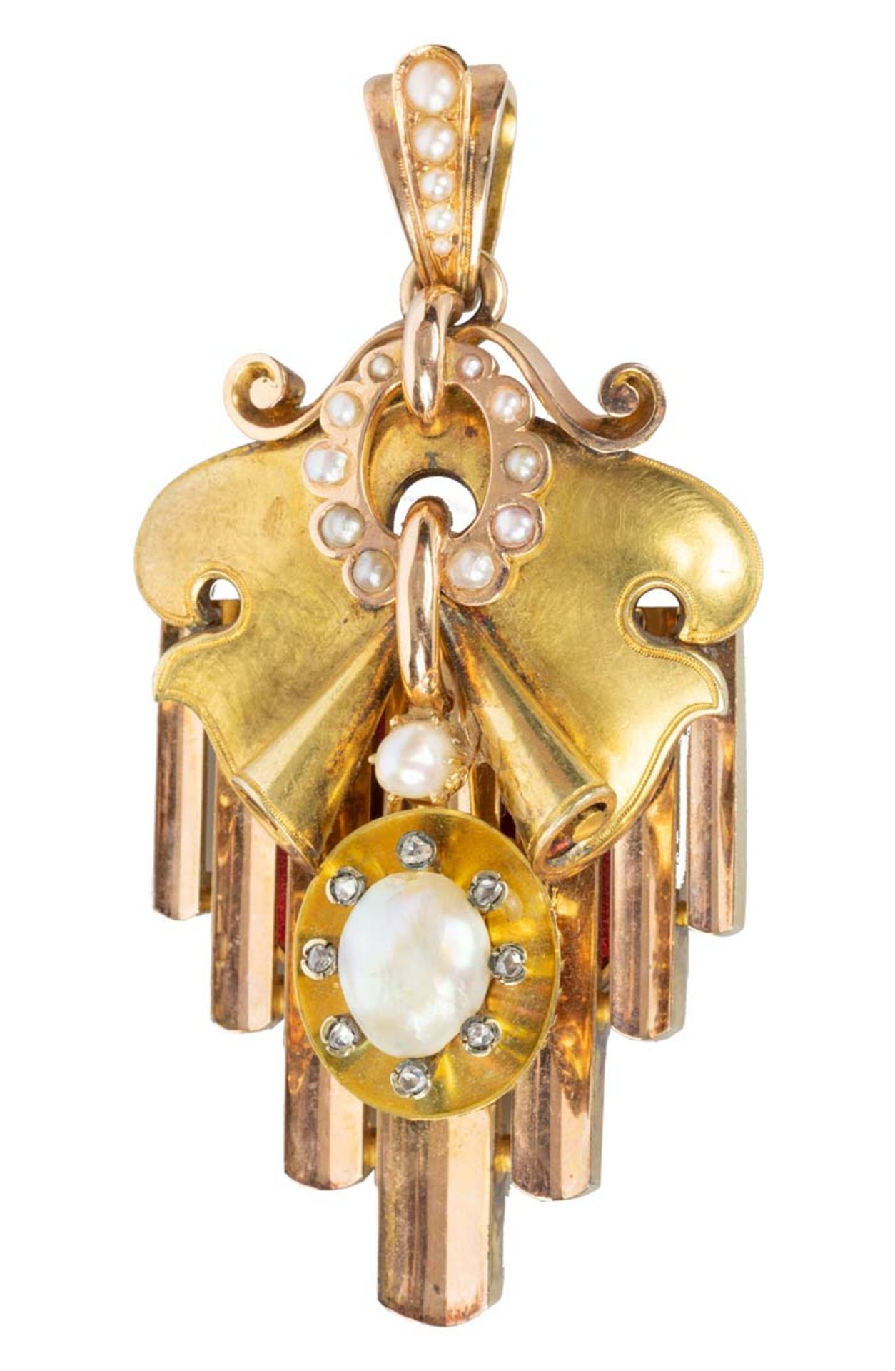 PENDENTIFEn or jaune, rose et argent, orné de perles fines et serti de diamants taille rose, le