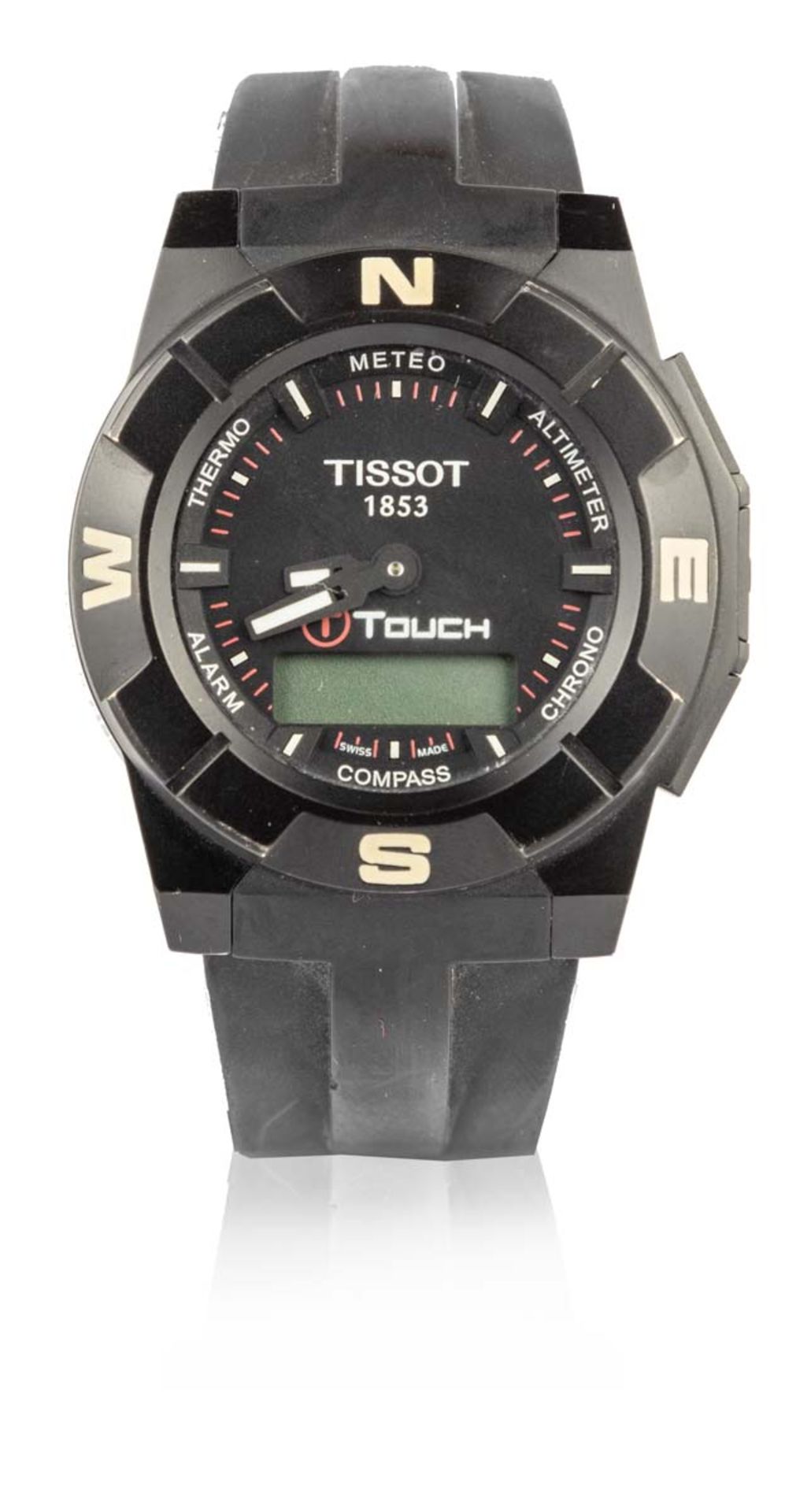 TISSOTT-TOUCHMontre bracelet noire avec multifonctions, chrono, météo, altimètre, compas, alarme,