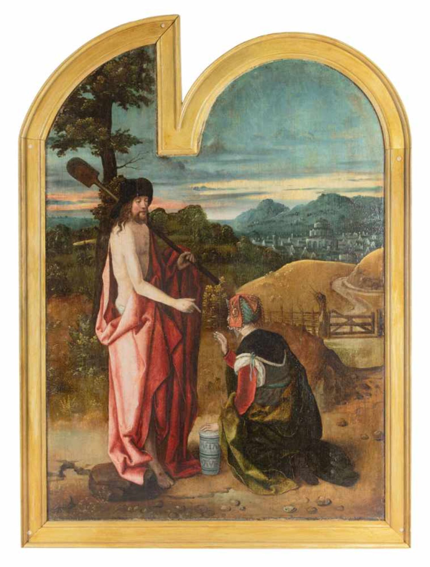 ECOLE MANIERISTE, ANVERS ca.1520Le Christ Jardinier, " Noli me Tangere"Huile sur panneau irrégulier,