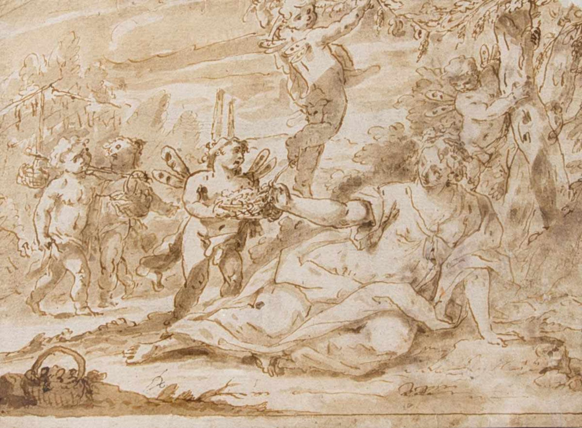 JACOPO GUARANA (1720-1808)Flore dans un entourage de PuttiDessin à l’encre brune. Accompagné d’une
