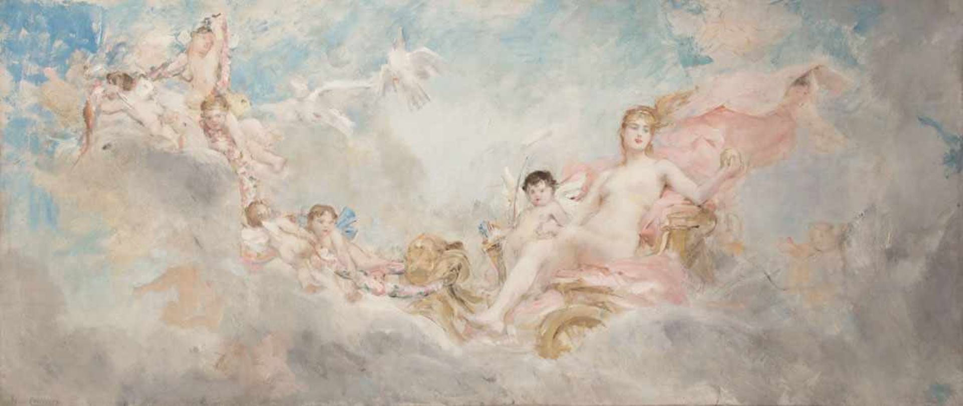 LEON FRANCOIS COMMERRE (1850-1916)Aphrodite et Cupidon avec la pomme de ParisHuile sur toile