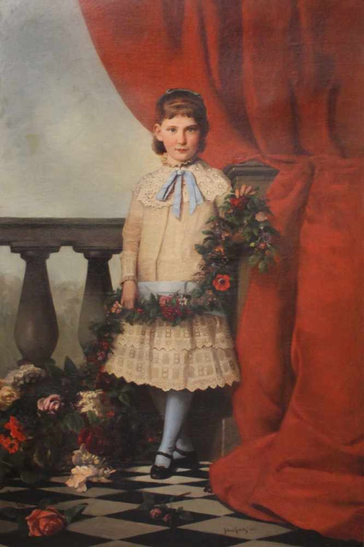 JULIUS GEERTZ (1837-1902)Jeune fille à la gerbe de fleurs sur une terrasse, 1882Importante huile sur