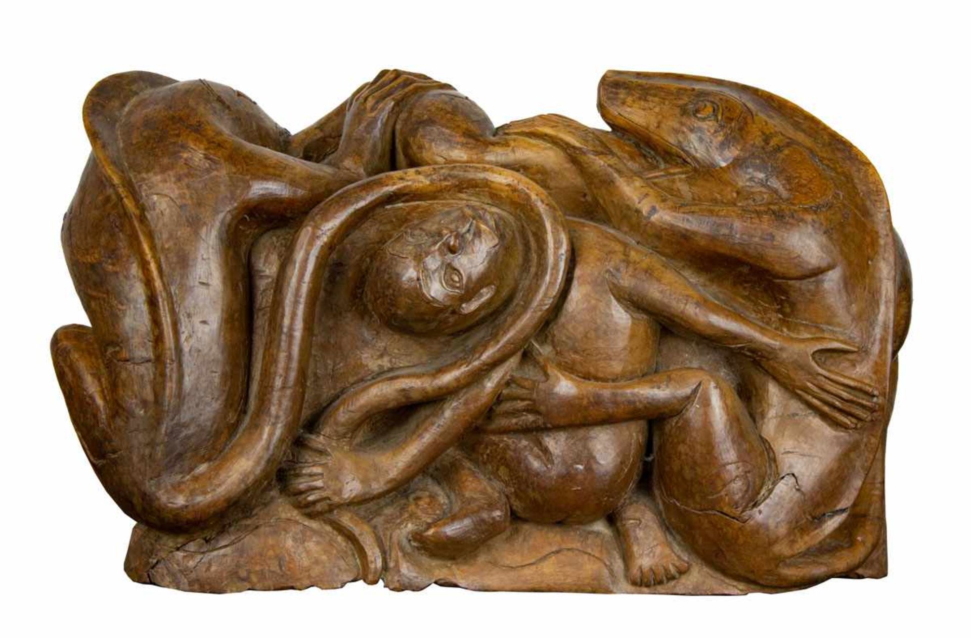 ECOLE FLAMANDE 17ème SIECLEMonstres mangeant un hommeRare sculpture en bois de noyer.Provenance :