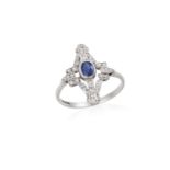 A SAPPHIRE AND DIAMOND RING, centrally set with a collet-set sapphire, to a single-cut diamond
