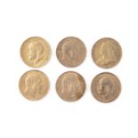 A COLLECTION OF SIX FULL GOLD SOVEREIGNS, dated 1893, 1907, 1910 (2), 1912, 1913