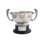 A GEORGE V SILVER TWO HANDLED CIRCULAR TROPHY CUP, Chester 1918, marker's mark rubbed, the handles