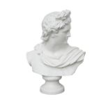 A 19TH CENTURY PAINTED CAST IRON BUST OF APOLLO, on a wasted circular socle base. 72cm high